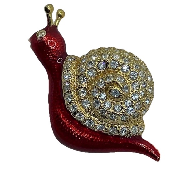 Vintage Jewelry - Vintage Red Enamel and Gold Tone Snail Rhinestone Brooch